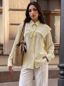 Duskaine Áo blouse nữ tay dài màu trơn thắt nơ trước - Màu vàng - Xem 1