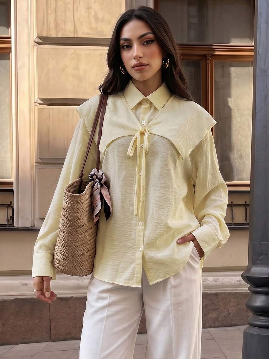 Duskaine Áo blouse nữ tay dài màu trơn thắt nơ trước - Màu vàng - Xem 1