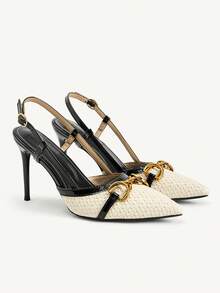 CUCCOO CHICEST Temperament Commuter Pointed Toe Shoes, Metal Buckle Color Matching Woven Closed Toe Sandals, Versatile Stiletto Women's Shoes - Black - View 1