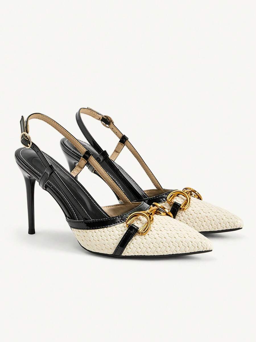 CUCCOO CHICEST Temperament Commuter Pointed Toe Shoes, Metal Buckle Color Matching Woven Closed Toe Sandals, Versatile Stiletto Women's Shoes - Black - View 1
