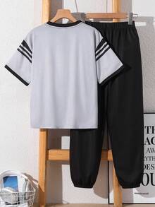 Kids Tween Boy Letter & Number Print Short Sleeve T-Shirt And Long Pants Casual Daily Outfit Set - Multicolor - View 3