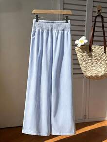 Sunnyshic Women's Spring/Summer Yellow & White Striped Straight Leg Pants With Gathered Waist, Casual Beach Vacation Stroll, Shopping, Date, Commute, Minimalist Daily Home Wear, Versatile - Blue - View 4