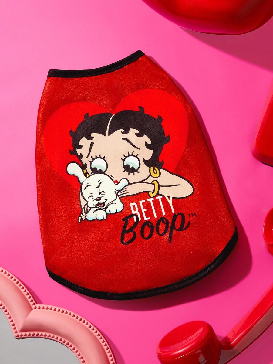 Betty Boop x SHEIN 1 件卡通图案印花宠物背心,猫咪衣服,狗狗衣服,尺码 XXS-XXXXL,特小号,特大号,活泼可爱,性感迷人,贝蒂娃娃。 - 紅色 - 查看 1