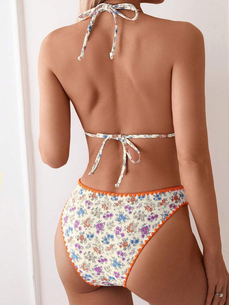 Swim Vcay Women's Summer Beach Floral Print Colorblock Halter Tie Sexy Bikini & Triangle Bottom Two-Piece Swimsuit Set - Apricot - View 2