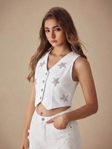 Selenza Women's Star Pattern Single-Breasted Casual Versatile Daily Denim Jacket - White - View 5