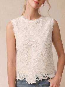 Anewsta Women's Elegant Round Neck Floral Lace Hollow Out Sleeveless Top, Spring/Summer - Apricot - View 7