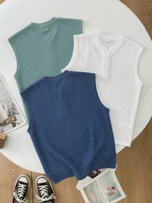 SHEIN 3件組兒童青少年男童半袖裝飾木鈕扣紋理面料藍色、綠色、白色圓領背心T恤，適合夏季休閒出遊、運動、度假、校園場合，百搭百搭 - 彩色 - 查看 2