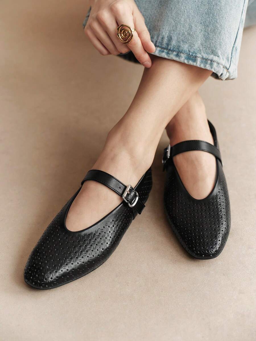 Rosivie Buckle Simple Daily Generous Fashion Versatile Casual Walking Workplace Commuter Women Flat Shoes - Quiet Night Black. - View 1