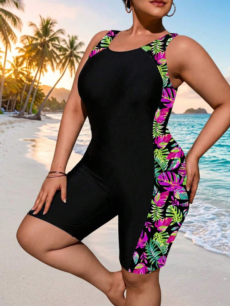 Swim Lushoire Plus Size Spaghetti Strap Printed One-Piece Swimsuit - Multicolor - View 1