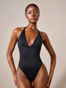 Veilyse Women's Solid Color Deep V-Neck Backless Crisscross One-Piece Shapewear UnderwearOuter - Black - View 4