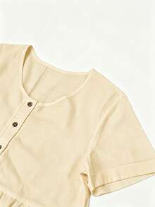 SHEIN LUNE 純棉 A 字娃娃領鈕扣休閒度假短袖女款襯衫 米白色 夏季 - 杏色 - 查看 3