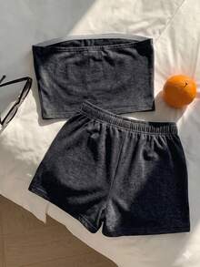 Comfortcana 女款休閒修身上衣與短褲兩件套，夏季套裝，復古風，外出套裝，度假服飾，街頭風，適合日常通勤、約會、聚會，秋冬春夏通用，聖誕節、新年、感恩節、派對、婚禮、海灘、畢業典禮，時尚優雅 - 黑色 - 查看 2