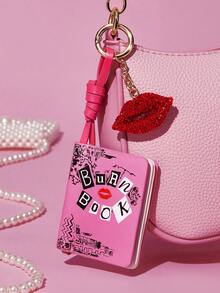 Mean Girls | SHEIN 1 Piece Pu Leather Mini Pattern Printed Leather Notebook Keychain, Bag Pendant, With Lip Decoration, Can Be Written With Oil-Based Pen, Burn Book - Pink - View 2