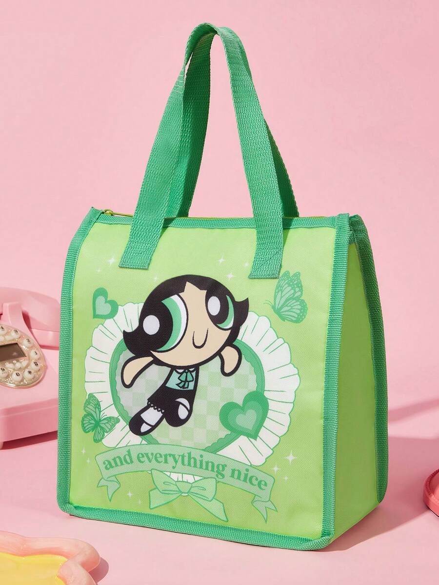 THE POWERPUFF GIRLS X SHEIN 1個印花圖案保溫午餐袋,可保溫或保冷,野餐袋,大容量,可裝午餐盒和飲料,適合野餐、露營、旅行、家庭使用,適合家庭、學生、友誼,花卉、泡泡、毛茛 - 淡綠色 - 查看 1