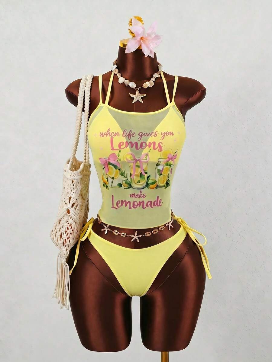 Bellisia Women's Casual Vacation Lemon Print Camisole Yellow Bikini Set Elegant Tank Top Women's Beachwear Women's Beach Bikini Summer 2026 Women's Summer Holiday, Graduation Season, Wedding Season, Back To School Season, Easter Season Party And Lunch Cute Casual Summer Camisole - Sweet, Romantic, Country Style - Yellow - View 1