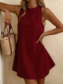 Vaclyn Women's Solid Color Round Neck Sleeveless Casual Vacation Fashion Dress - Burgundy - View 3