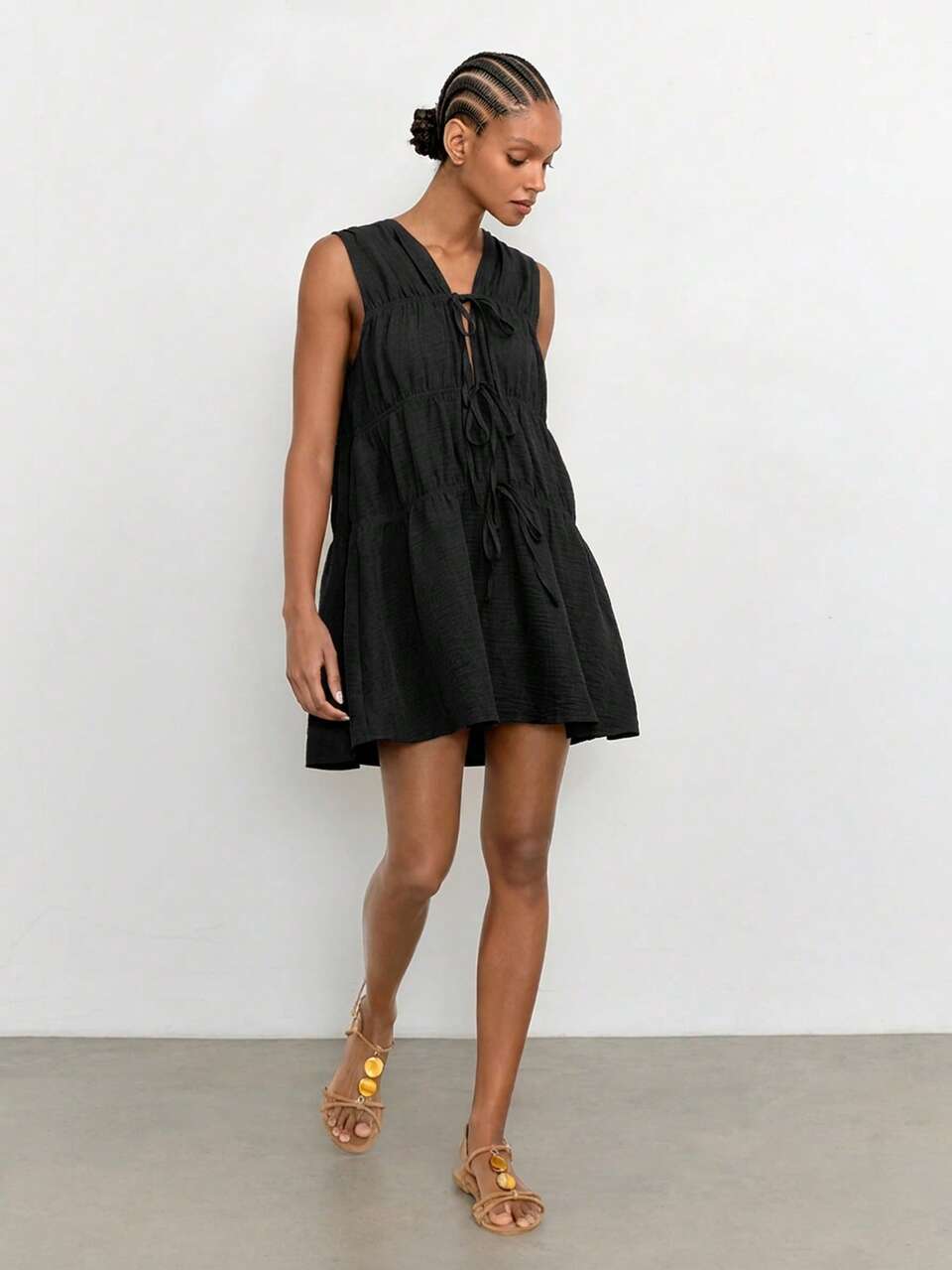 SHEIN Maija Women's Solid Color Pleated Casual Date Everyday Outing Dress Black Summer