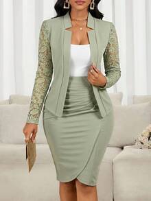 SHEIN Lady 2件套女士薄荷绿蕾丝拼接长袖上衣和半裙套装，适合秋冬季穿着 - 薄荷綠 - 查看 7
