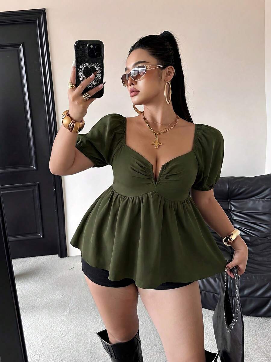 POPSWAY Kemeja Lengan Pendek Hitam Kasual untuk Liburan dan Perjalanan Wanita Ukuran Besar - Hijau Tentara - View 1