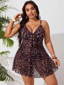 SHEIN Swim Curve 大尺碼女款夏季海灘豹紋前打結細肩帶一件式泳衣 - 彩色 - 查看 7