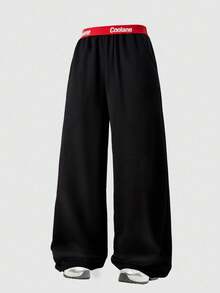 SHEIN 青少年女孩字母印花拼色休閒百搭日常穿著運動長褲 - 黑色 - 查看 3