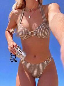 SHEIN Swim 女款純色掛脖式比基尼內衣兩件式高腰泳衣套裝 - 夏季海灘泳裝，Br - 彩色 - 查看 7
