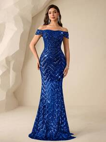 Coutiva Women's Off-Shoulder Sequin Elegant Glamorous Evening Party Dress - Royal Blue - View 4