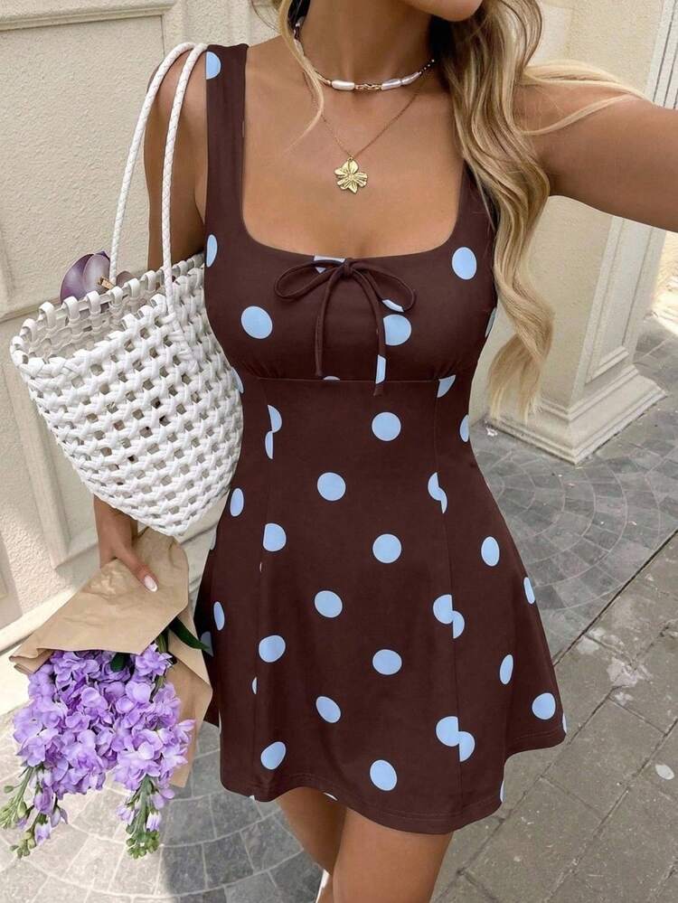 SHEIN LUNE Women's Summer Casual Cute Brown And Blue Polka Dot Print Sleeveless Mini Dress Vacation Beach Picnic Holiday Pool Party