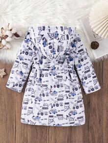 SHEIN Kinder Junge Herbst/Winter Cartoon Auto Muster Langarm Kapuzen Doppelseitig Flanell Loungewear Bademantel - Rot - Übersicht 2