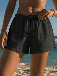 SHEIN EZwear Women's Casual Versatile Black Woven Shorts, Summer - Black - View 5