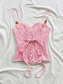 Spring/Summer New Back To School Casual Textured Beaded Decor Backless Tie-Up Date Valentine's Day Pink Women's Tank Top No Chest Padding - Pink - View 2