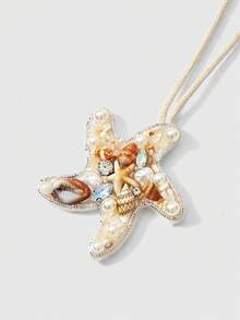 ROMWE Kawaii 波西米亞風手工貝殼水鑽海星、海龜、鯨魚、海馬包包吊飾，適合假期草編包與托特包裝飾 - 米色-海星 - 查看 4