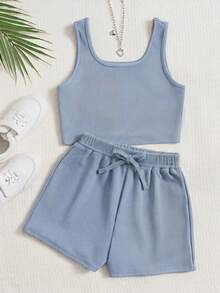 Emery Rose Kids Emery Rose Kids 2件套女童纯色针织圆领背心和短裤套装，舒适浅蓝色罗纹短款背心和短裤家居服两件套，青少年夏季套装，青年夏季休闲套装，时尚女童夏季套装，罗纹针织短裤套装 - 藍色 - 查看 2