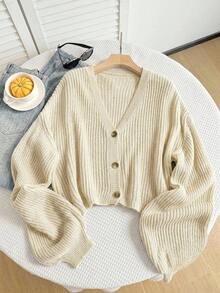 SHEIN EZwear 女款大尺碼純色V領落肩長袖針織開襟外套 - 米色 - 查看 4