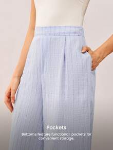 LUVLETTE Women's Blue Striped Linen Sleep Pants, Casual Wide Leg Pants With Pockets. - Blue - View 5