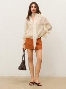 CielaLinda Women's Embroidered Lantern Sleeve Ruffle V-Neck Scarf Blouse - Apricot - View 3
