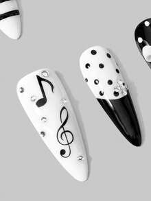 ROMWE Anime 10 Cute Style Note Polka Dot Handmade Fake Nails + 3 Double-Sided Tape, French Reusable Long Almond-Shaped Press-On Nails, Suitable For Daily Wear. - Multicolor - View 5