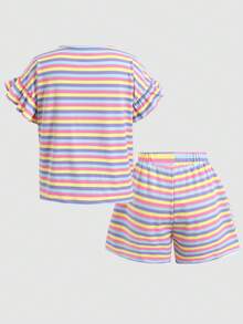 SHEIN Tween Girl 2件組 短袖上衣與鬆緊腰短褲休閒度假條紋套裝 - 彩色 - 查看 2