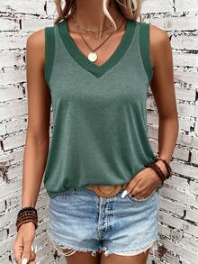 EMERY ROSE Top tank unicolor de cuello V - Verde Oscuro - Ver 5