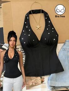 SHEIN Franclia 性感V領收腰上衣，通勤修身內搭上衣 - 黑色 - 查看 3