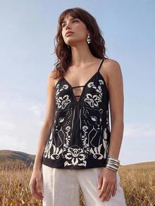 CAJUNI Tropical Vacation Black Leopard Straps Top - Black and White - View 3