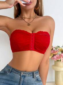 SHEIN 1件婚禮蕾絲無鋼圈前扣式無肩帶胸罩 - 紅色 - 查看 5