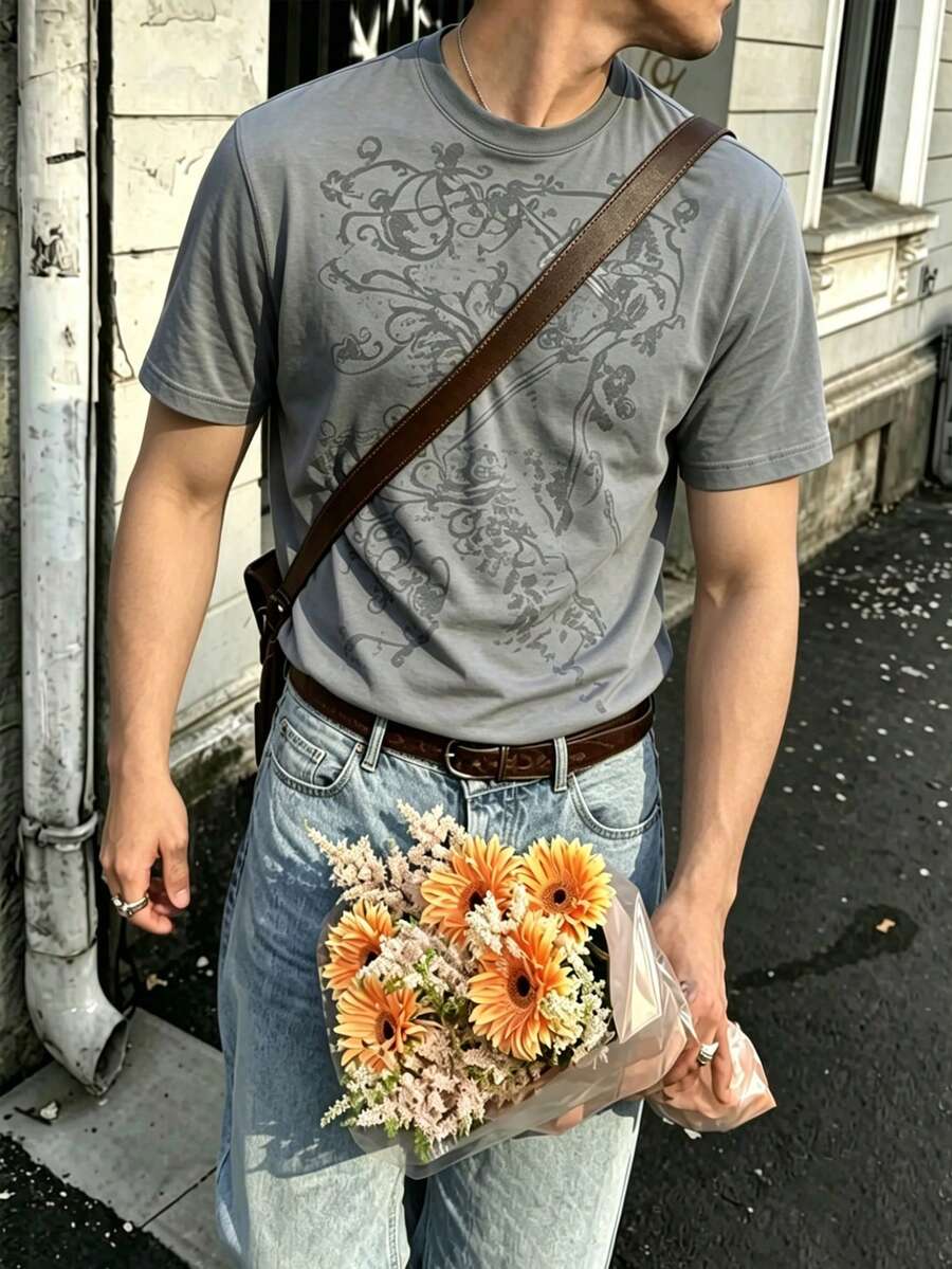 Resyla Men 男士印花T恤 - 休閒圓領短袖上衣,幾何圖案設計 - 彩色 - 查看 1