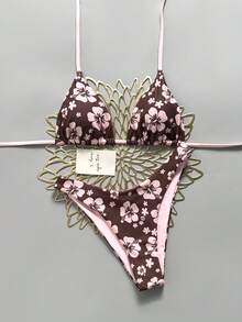 Swim Mod Women's 2026 Spring/Summer New Dual-Color Print Dual-Fabric Triangle Top High-Cut Triangle Bottom Bikini Swimwear 2 Pieces Set - Multicolor - View 2
