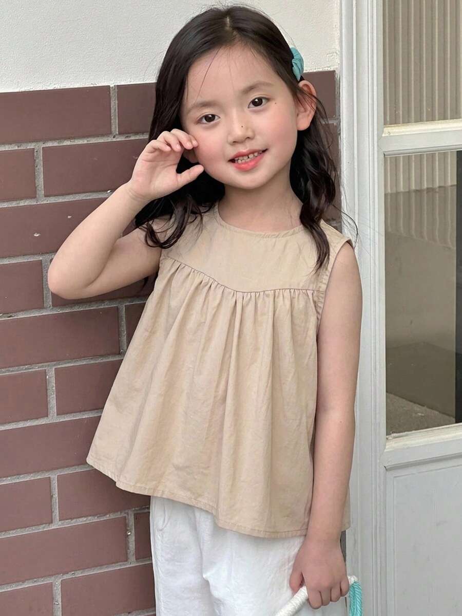 Dazy Kids 女童秋季圓領針織短袖T恤夏季上衣 - 杏色 - 查看 1