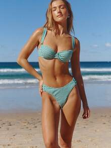 Aralina Set da bagno da donna estivo da resort 2 pezzi con stampa a pois e griglia, slip bikini a vita alta imbottito con arricciature morbide, stile da vacanza al mare e piscina - Verde - Visualizzare 11
