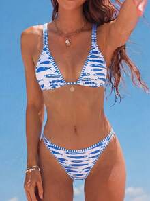 Swim Mod 2026 Spring/Summer 2-Piece Women's New Double Strap Adjustable Blue Ditsy Floral Random Print Gold Round Charm Decor High Cut Sexy Vacation Bikini Set Set - Multicolor - View 3