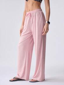 Loungeista Women's Spring/Summer Drawstring Straight Leg Pants, Elegant Casual Homewear & Outerwear - Pink - View 4