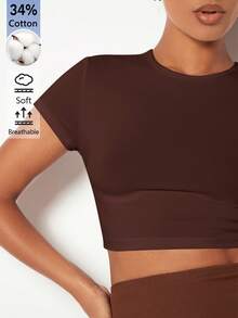 SHEIN BASICS 女款素色修身短版圓領T恤上衣 白色短版上衣 - 棕色 - 查看 7