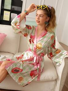 Chillnights Young Shell Fruit Plaid Print Satin Women's Robe - Multicolor - View 6